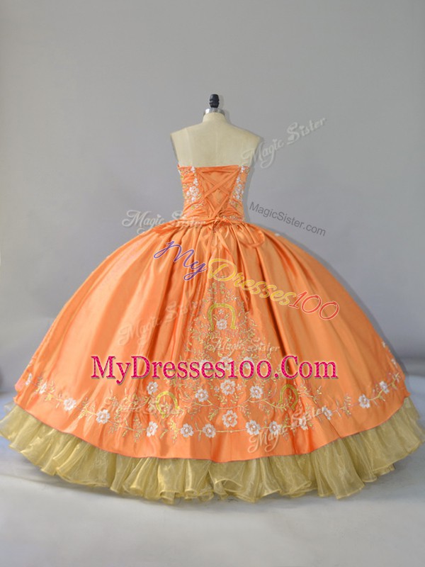 Orange Ball Gowns Satin and Organza Sweetheart Sleeveless Embroidery and Ruffled Layers Floor Length Lace Up Quince Ball Gowns