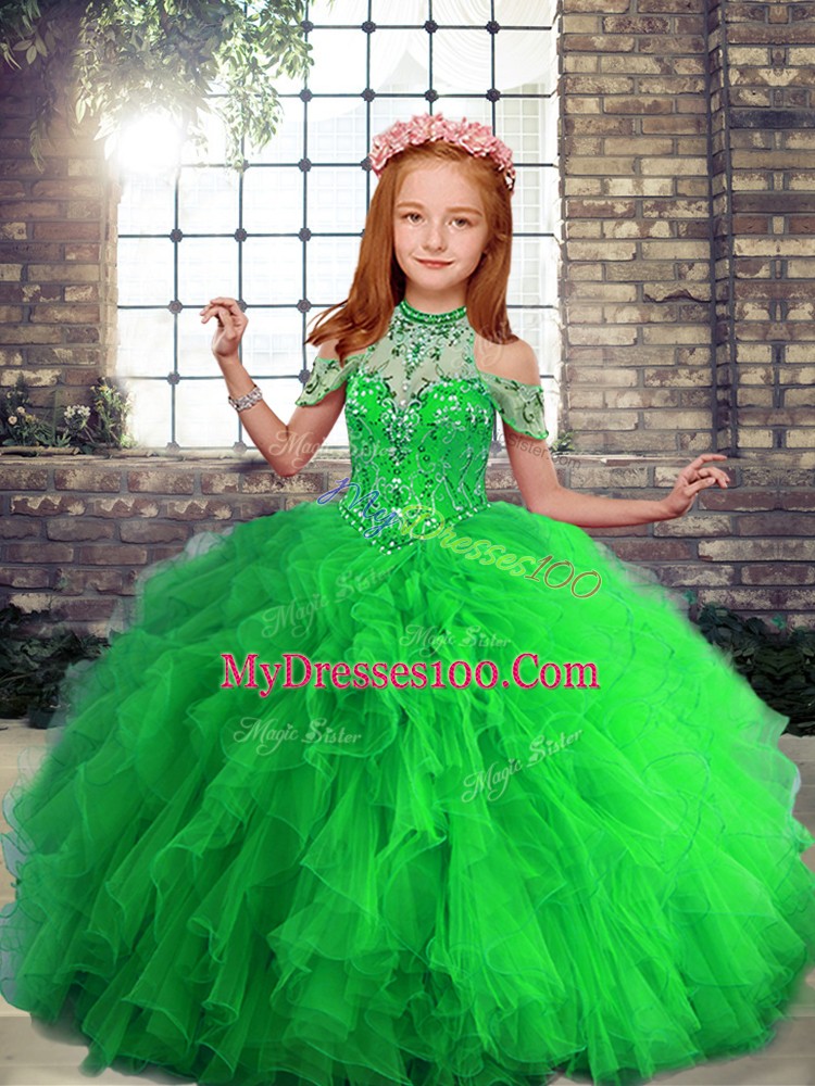 Ball Gowns High-neck Sleeveless Tulle Floor Length Lace Up Beading and Ruffles Girls Pageant Dresses