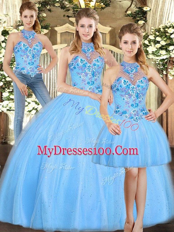 Floor Length Baby Blue Vestidos de Quinceanera Tulle Sleeveless Embroidery