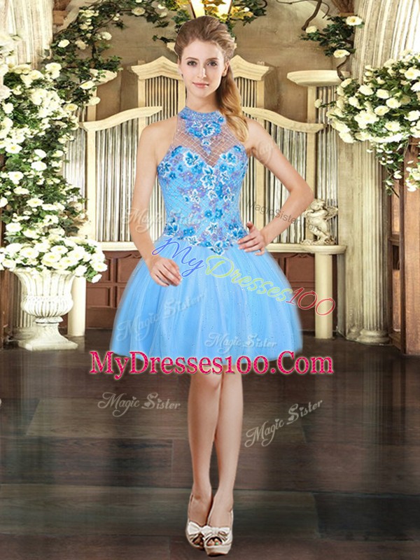 Floor Length Baby Blue Vestidos de Quinceanera Tulle Sleeveless Embroidery