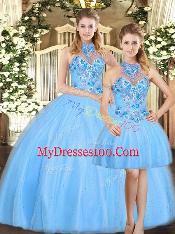 Floor Length Baby Blue Vestidos de Quinceanera Tulle Sleeveless Embroidery