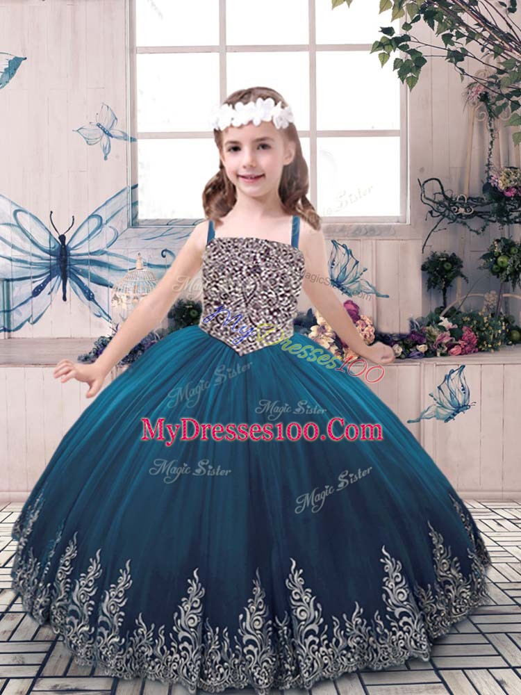 Teal Ball Gowns Tulle Straps Sleeveless Beading and Embroidery Floor Length Lace Up Kids Formal Wear