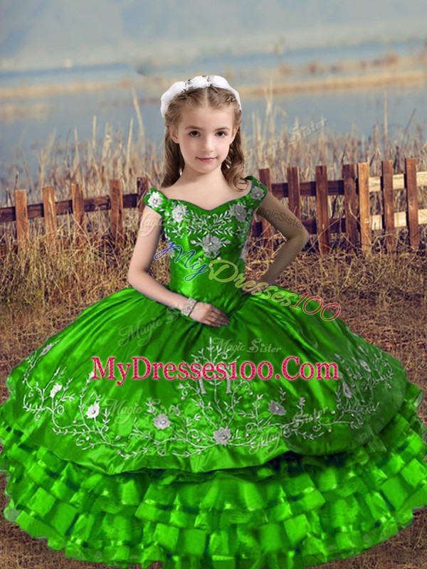 Green Satin and Organza Lace Up Evening Gowns Sleeveless Floor Length Embroidery and Ruffled Layers