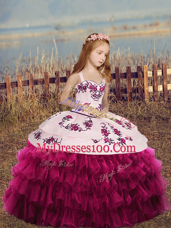 Fuchsia Straps Neckline Embroidery and Ruffles Little Girls Pageant Dress Sleeveless Lace Up