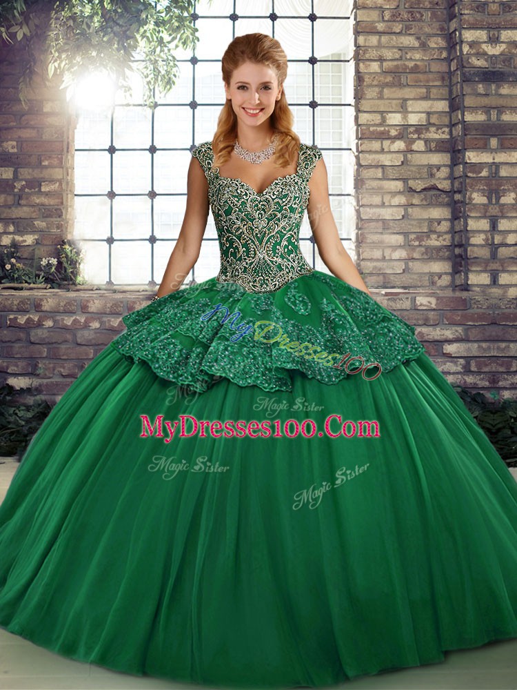 Trendy Ball Gowns Quinceanera Dress Green Straps Tulle Sleeveless Floor Length Lace Up