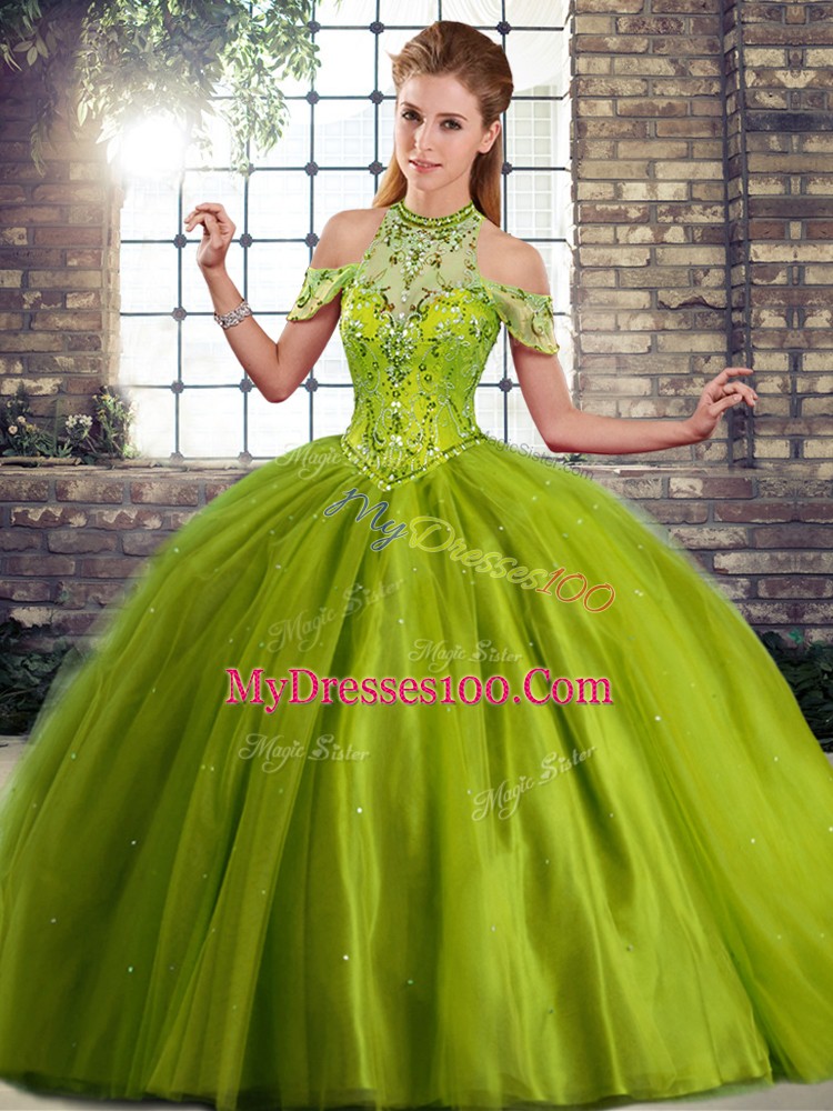 Brush Train Ball Gowns 15th Birthday Dress Olive Green Halter Top Tulle Sleeveless Lace Up