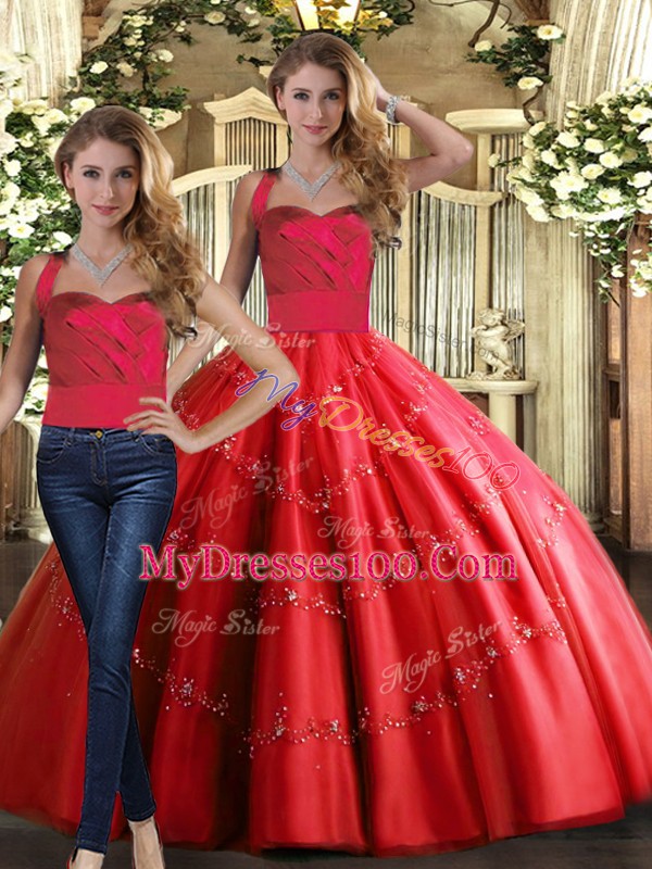 Modern Red Halter Top Lace Up Appliques Sweet 16 Quinceanera Dress Sleeveless