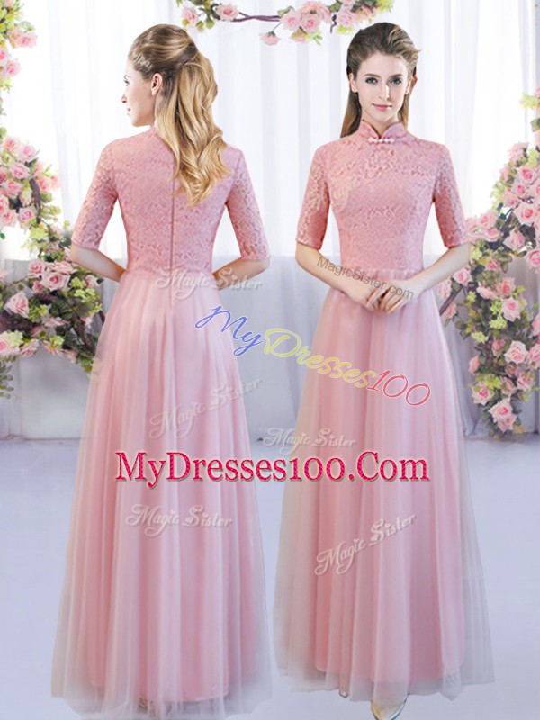 On Sale Pink Empire High-neck Half Sleeves Tulle Floor Length Zipper Lace Bridesmaid Gown