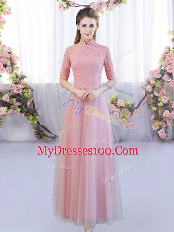 On Sale Pink Empire High-neck Half Sleeves Tulle Floor Length Zipper Lace Bridesmaid Gown