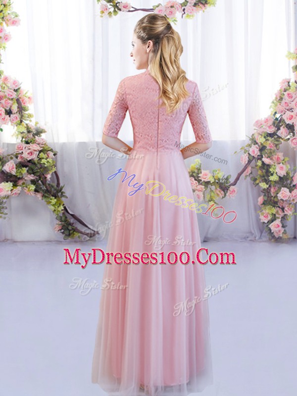 On Sale Pink Empire High-neck Half Sleeves Tulle Floor Length Zipper Lace Bridesmaid Gown