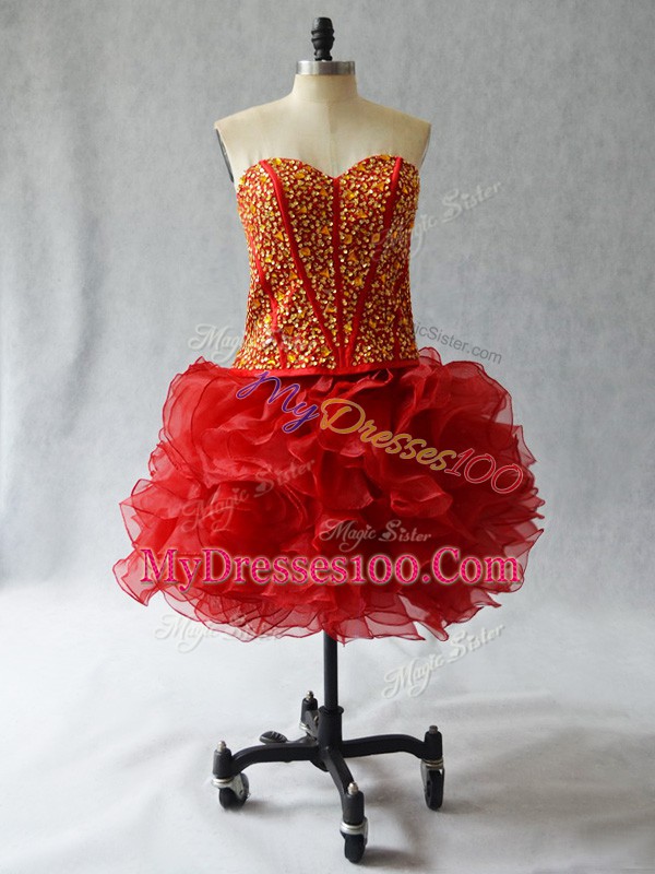 Hot Selling Wine Red Sweetheart Neckline Beading and Ruffles Prom Gown Sleeveless Lace Up