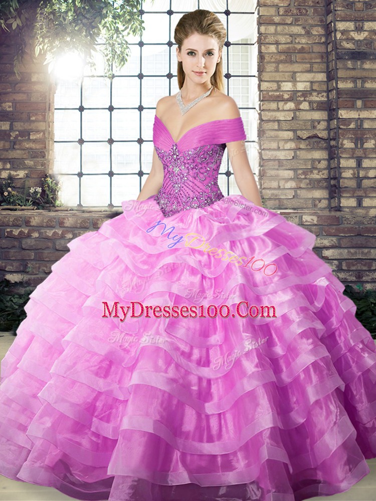 Artistic Lilac Off The Shoulder Lace Up Beading and Ruffled Layers Sweet 16 Dresses Brush Train Sleeveless