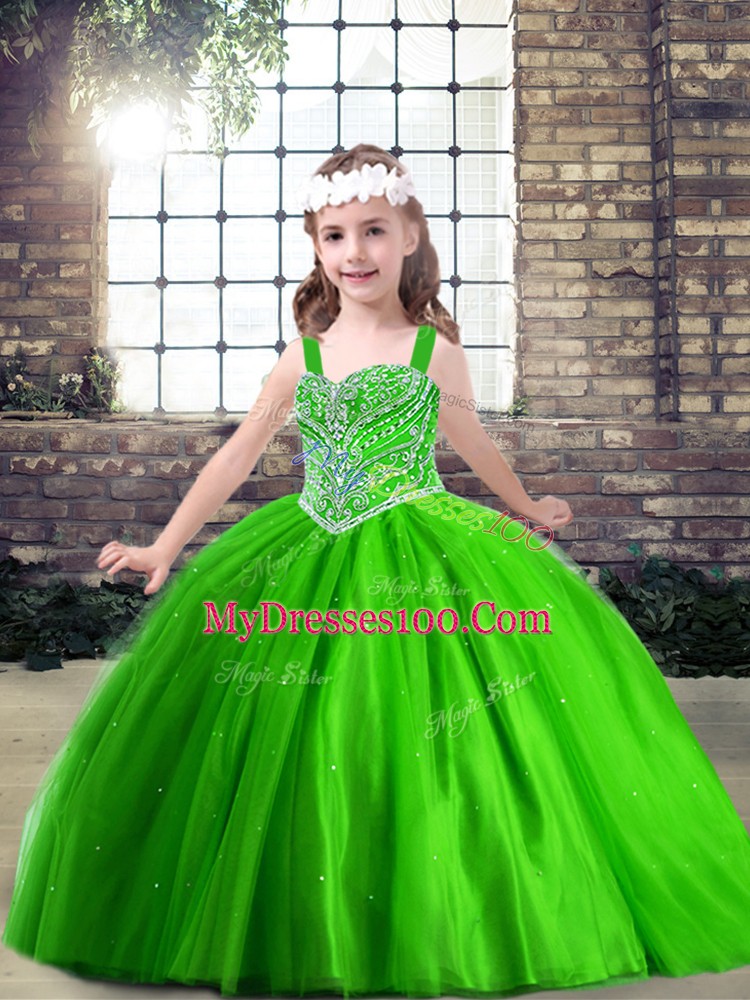 Sleeveless Tulle Floor Length Lace Up Little Girl Pageant Gowns in with Beading