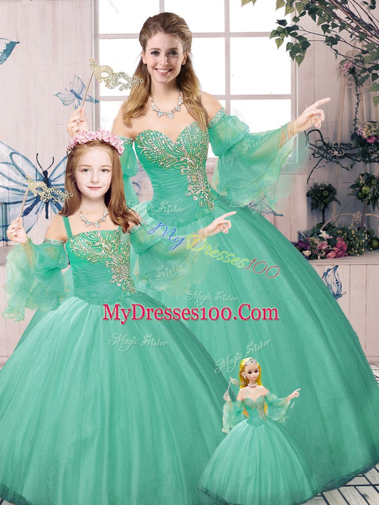 Exquisite Sweetheart Long Sleeves Sweet 16 Dresses Floor Length Beading and Ruching Green Tulle