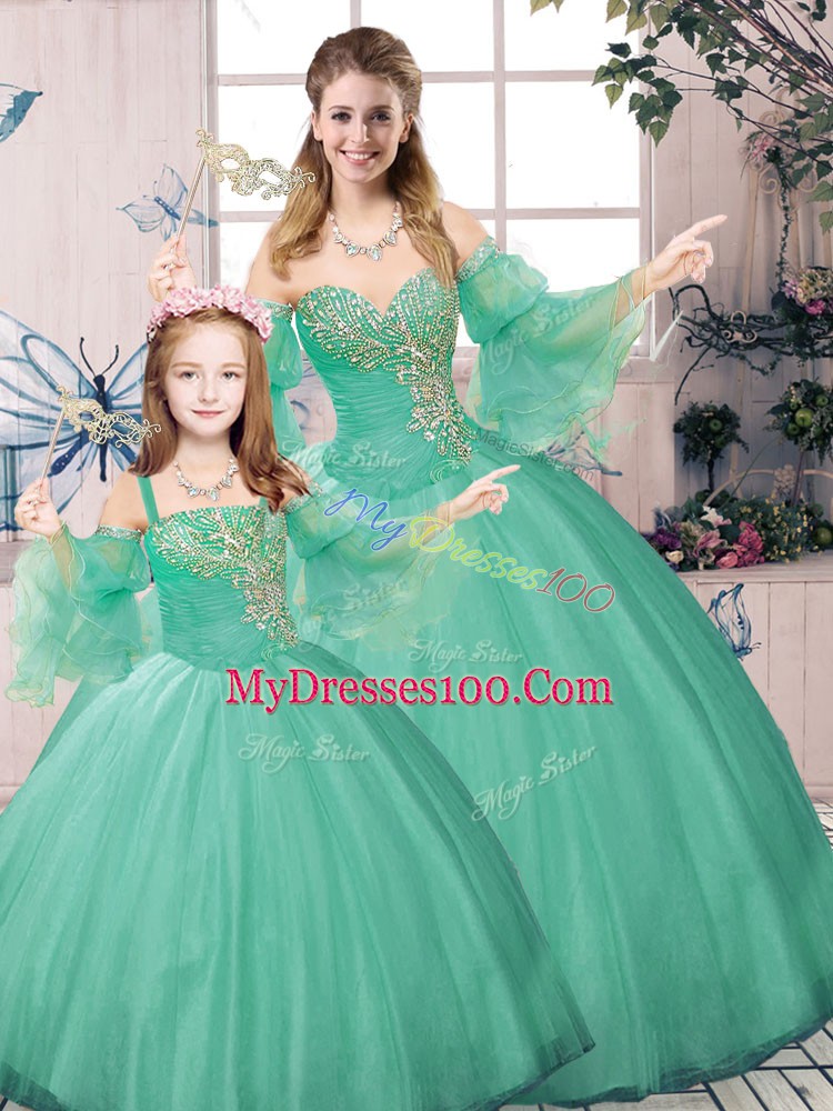 Exquisite Sweetheart Long Sleeves Sweet 16 Dresses Floor Length Beading and Ruching Green Tulle