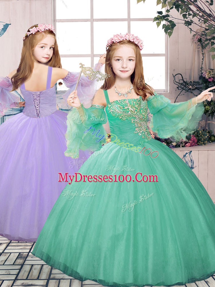 Exquisite Sweetheart Long Sleeves Sweet 16 Dresses Floor Length Beading and Ruching Green Tulle