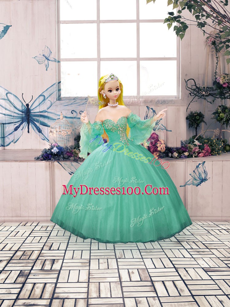 Exquisite Sweetheart Long Sleeves Sweet 16 Dresses Floor Length Beading and Ruching Green Tulle