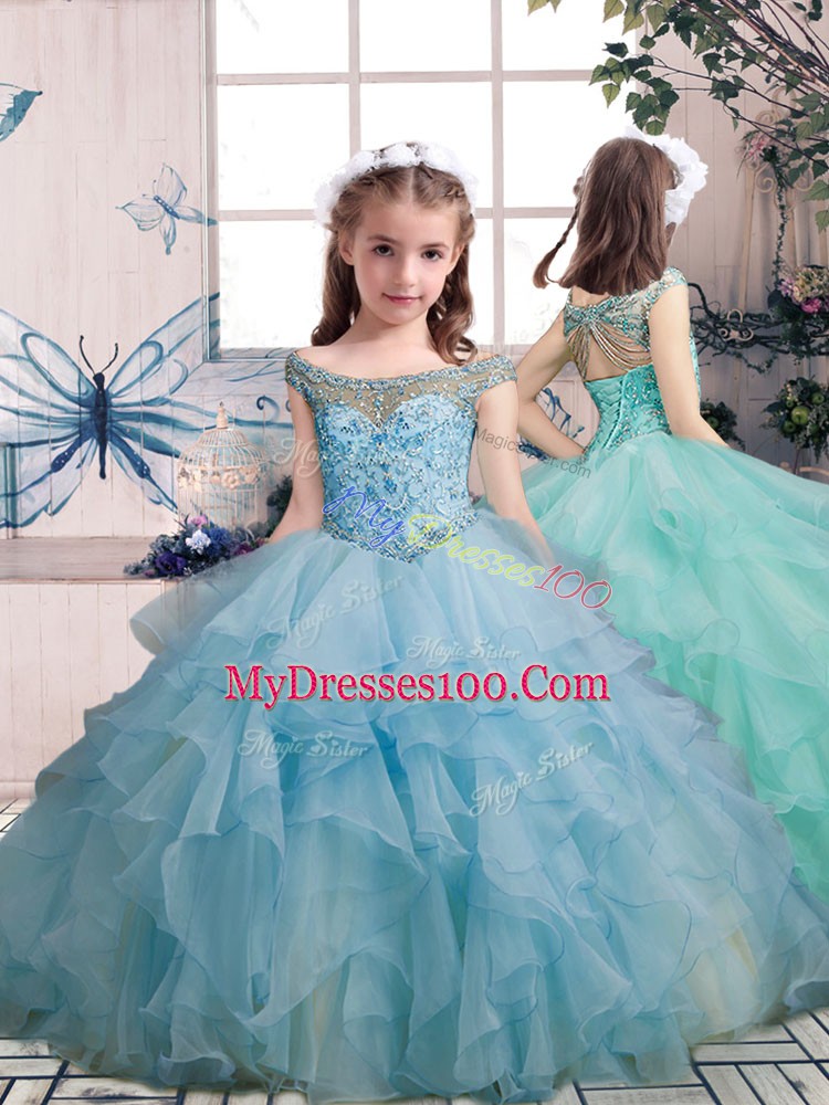 Fantastic Light Blue Ball Gowns Organza Scoop Sleeveless Beading and Ruffles Floor Length Lace Up High School Pageant Dress