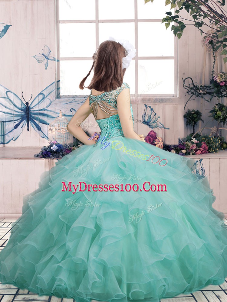 Fantastic Light Blue Ball Gowns Organza Scoop Sleeveless Beading and Ruffles Floor Length Lace Up High School Pageant Dress