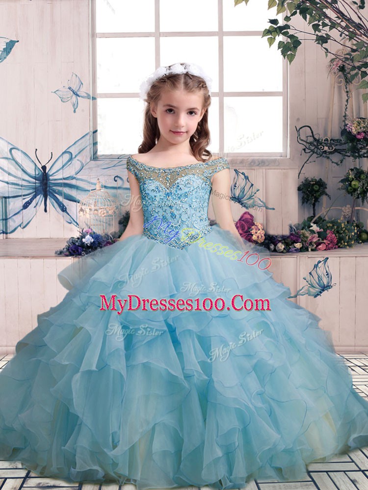 Fantastic Light Blue Ball Gowns Organza Scoop Sleeveless Beading and Ruffles Floor Length Lace Up High School Pageant Dress
