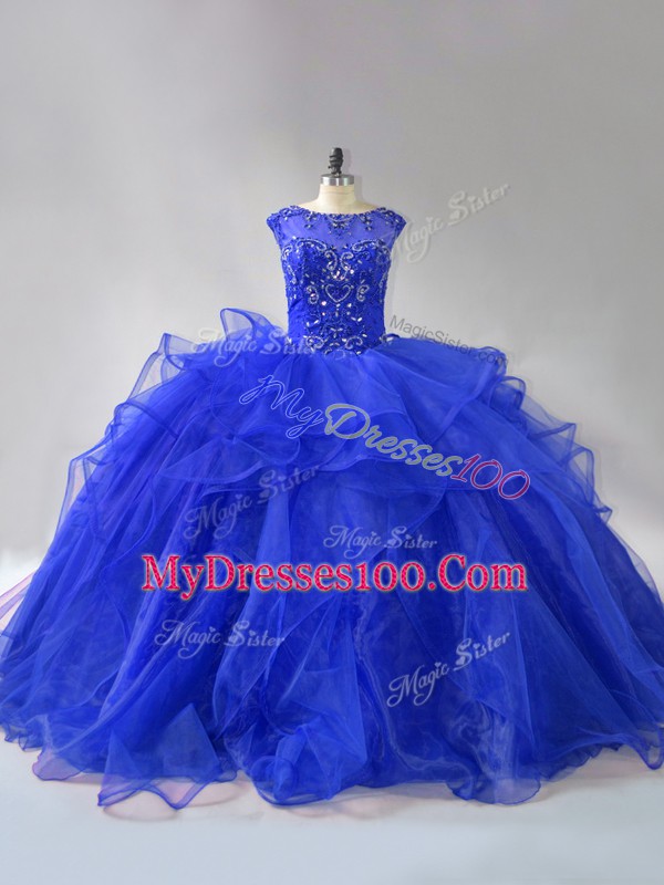 Royal Blue Scoop Neckline Beading and Ruffles 15 Quinceanera Dress Sleeveless Lace Up