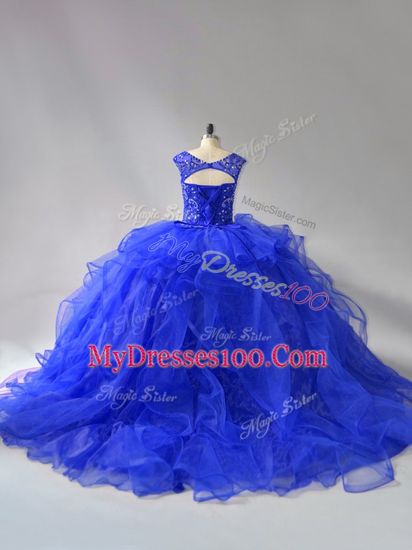 Royal Blue Scoop Neckline Beading and Ruffles 15 Quinceanera Dress Sleeveless Lace Up