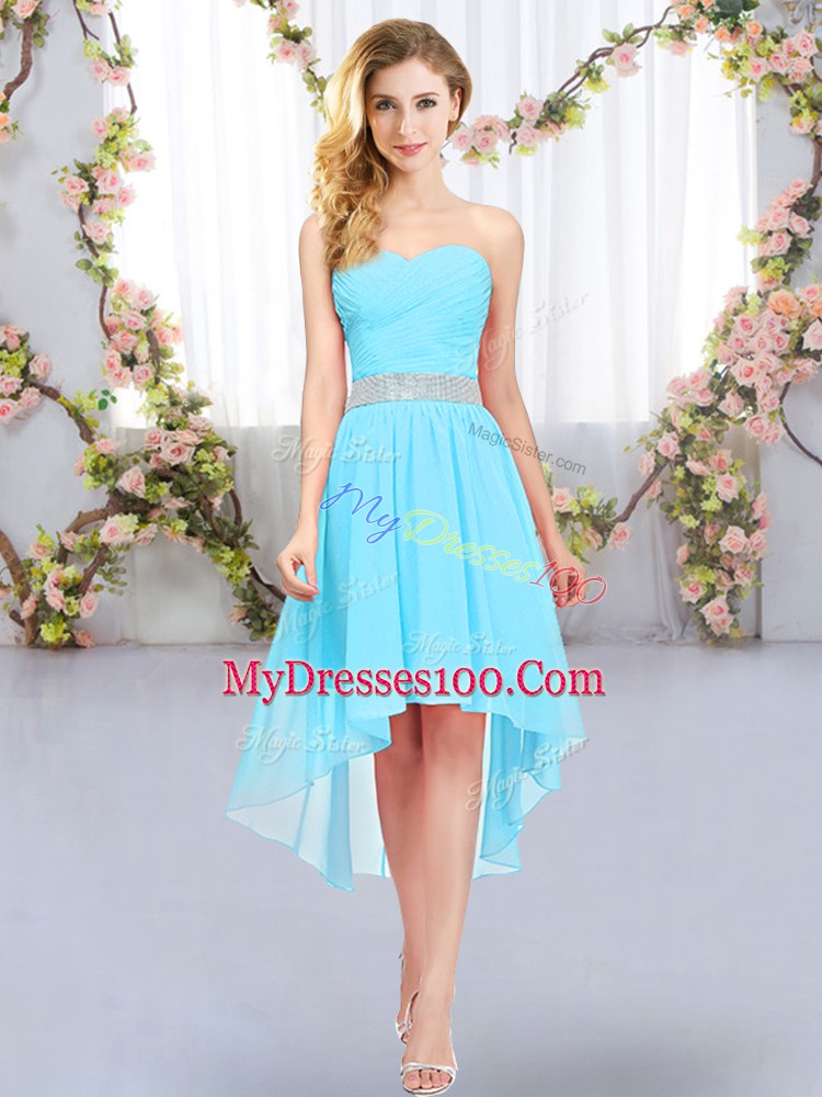 Custom Design Aqua Blue Sleeveless High Low Belt Lace Up Wedding Guest Dresses
