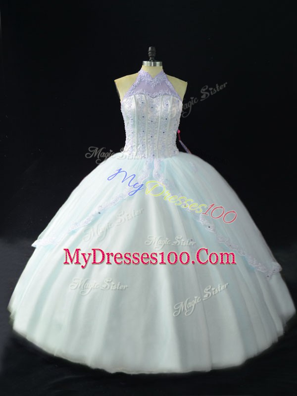Custom Designed Floor Length Blue 15 Quinceanera Dress Tulle Sleeveless Beading