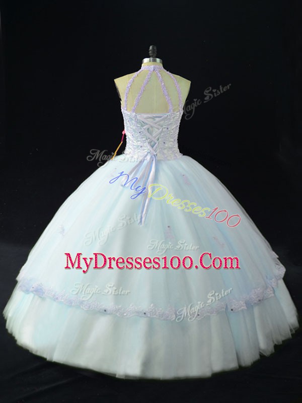 Custom Designed Floor Length Blue 15 Quinceanera Dress Tulle Sleeveless Beading