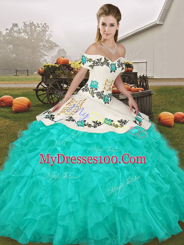 Organza Off The Shoulder Sleeveless Lace Up Embroidery and Ruffles Quinceanera Dress in Turquoise