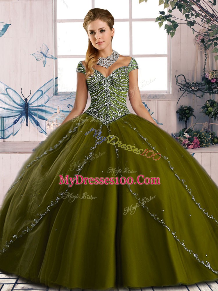 Sweet Cap Sleeves Brush Train Lace Up Beading Ball Gown Prom Dress