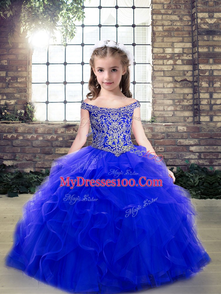 Royal Blue Sleeveless Beading and Ruffles Floor Length Custom Made Pageant Dress