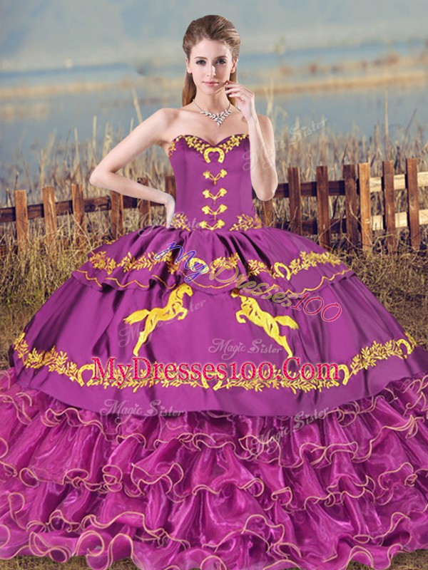 Sleeveless Satin and Organza Brush Train Lace Up Sweet 16 Dress in Purple with Embroidery and Ruffles