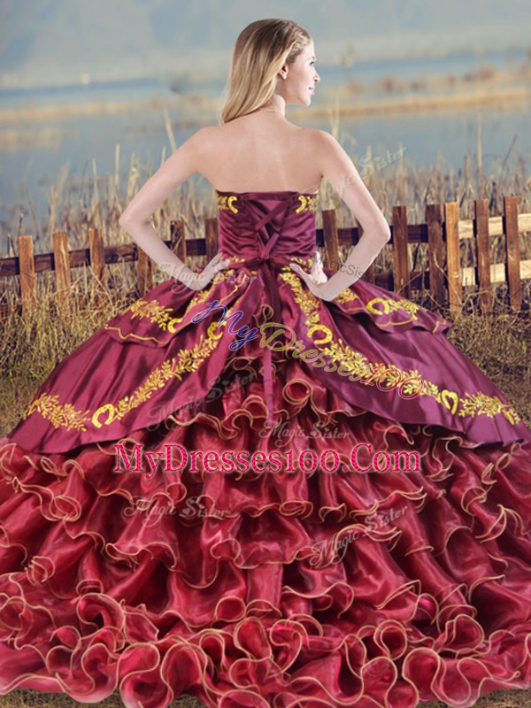 Sleeveless Satin and Organza Brush Train Lace Up Sweet 16 Dress in Purple with Embroidery and Ruffles