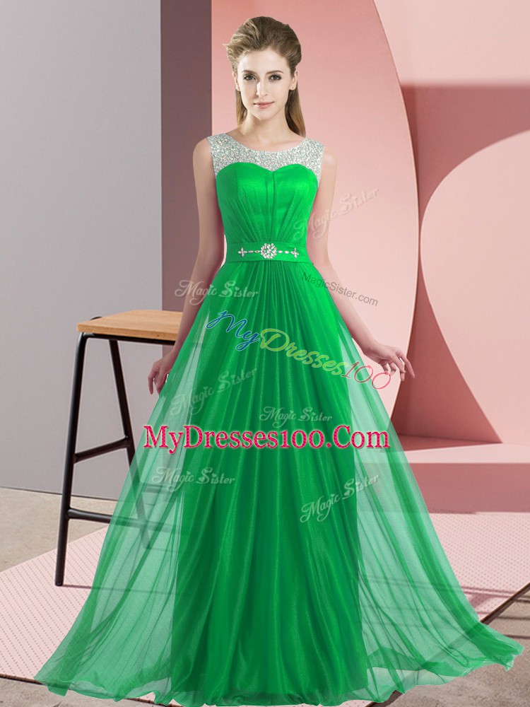 Modest Green Chiffon Lace Up Wedding Guest Dresses Sleeveless Floor Length Beading