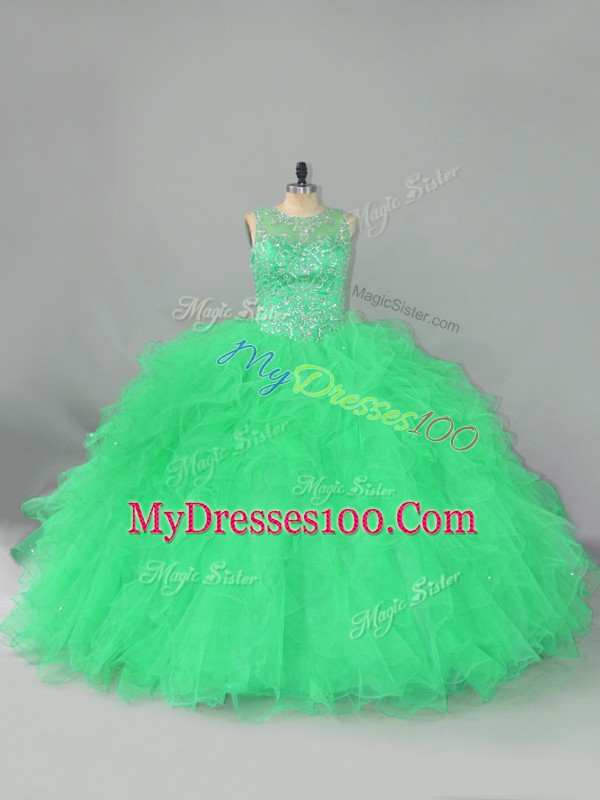 Gorgeous Floor Length Lace Up Quinceanera Dresses Green for Sweet 16 and Quinceanera with Beading and Ruffles