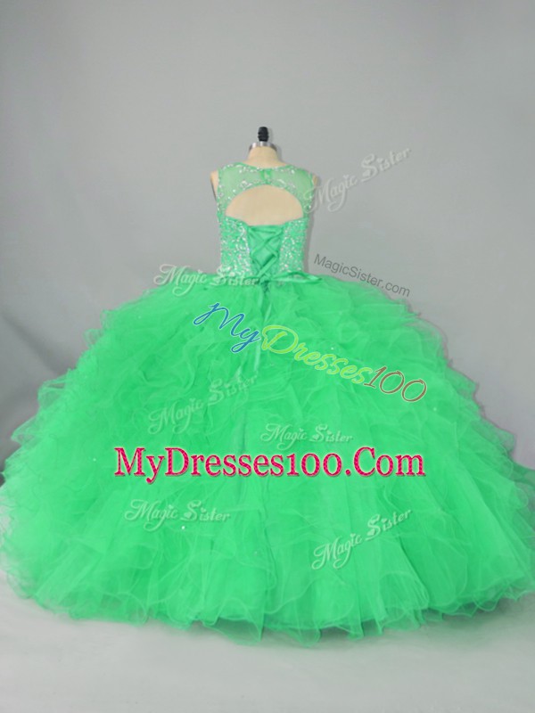 Gorgeous Floor Length Lace Up Quinceanera Dresses Green for Sweet 16 and Quinceanera with Beading and Ruffles