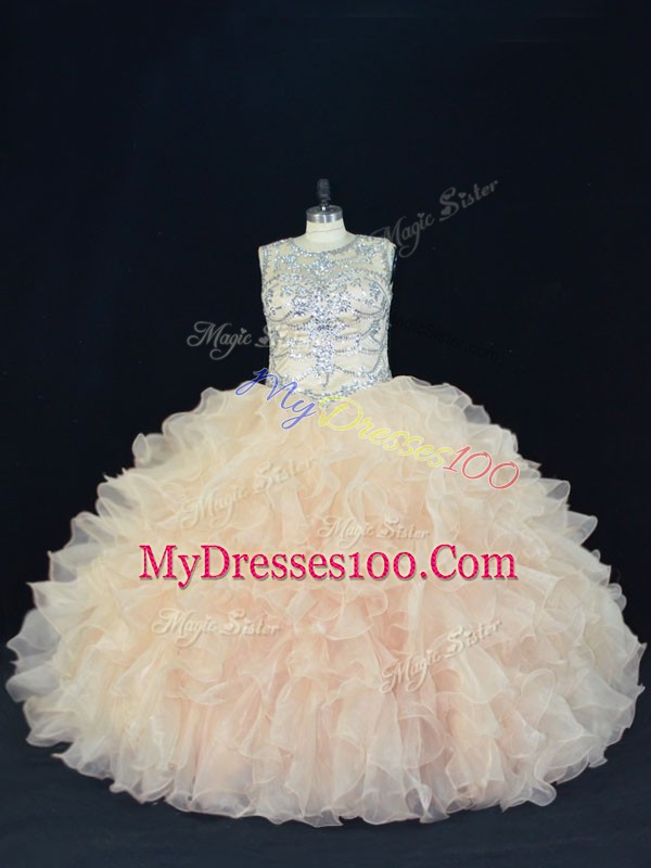 Luxury Scoop Sleeveless Lace Up Vestidos de Quinceanera Champagne Organza