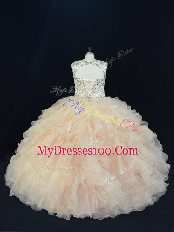 Luxury Scoop Sleeveless Lace Up Vestidos de Quinceanera Champagne Organza