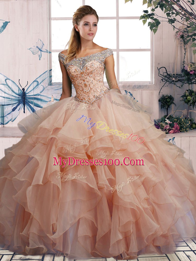 Cute Pink Sleeveless Beading and Ruffles Floor Length Quinceanera Gowns