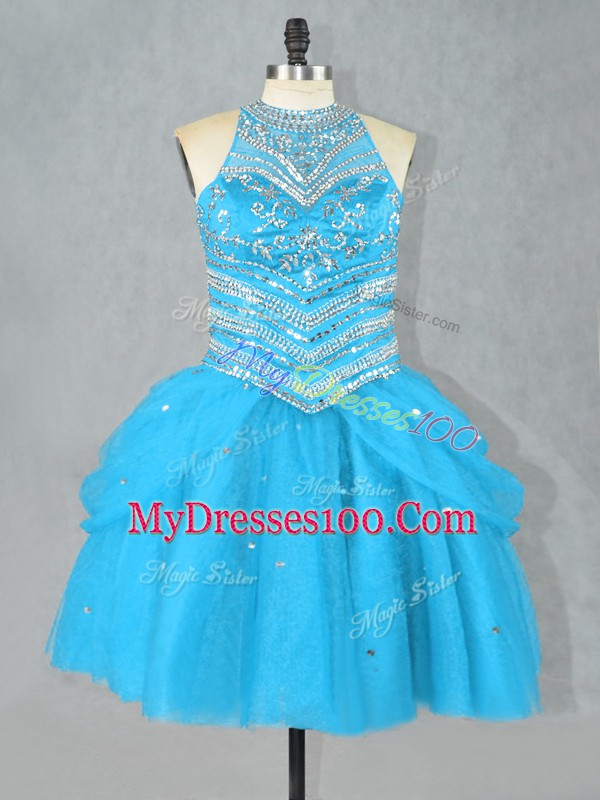 Affordable Aqua Blue Tulle Lace Up Halter Top Sleeveless Mini Length Beading