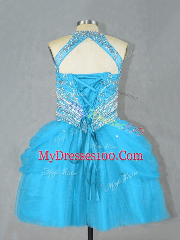 Affordable Aqua Blue Tulle Lace Up Halter Top Sleeveless Mini Length Beading