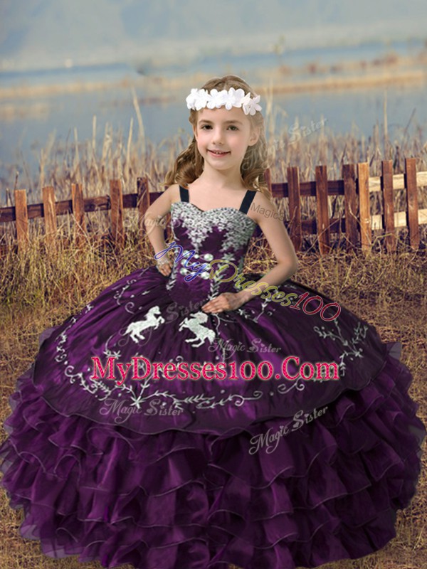 Eye-catching Dark Purple Straps Lace Up Embroidery and Ruffled Layers Pageant Dress for Girls Sleeveless
