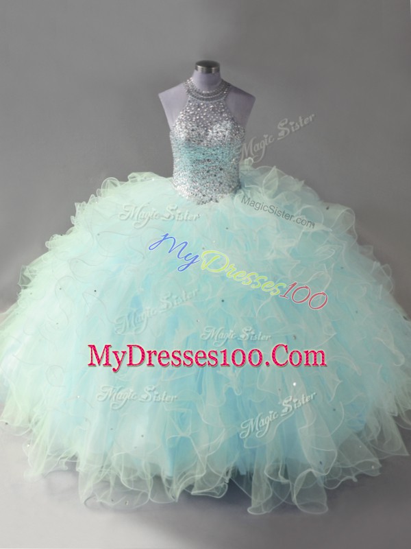 Edgy Light Blue Mermaid Halter Top Sleeveless Tulle Floor Length Lace Up Beading and Ruffles Quinceanera Gown
