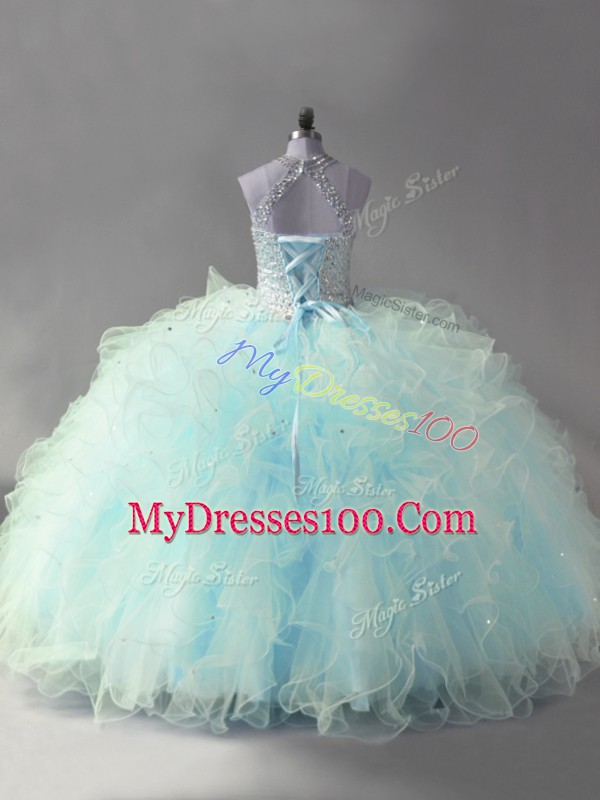 Edgy Light Blue Mermaid Halter Top Sleeveless Tulle Floor Length Lace Up Beading and Ruffles Quinceanera Gown