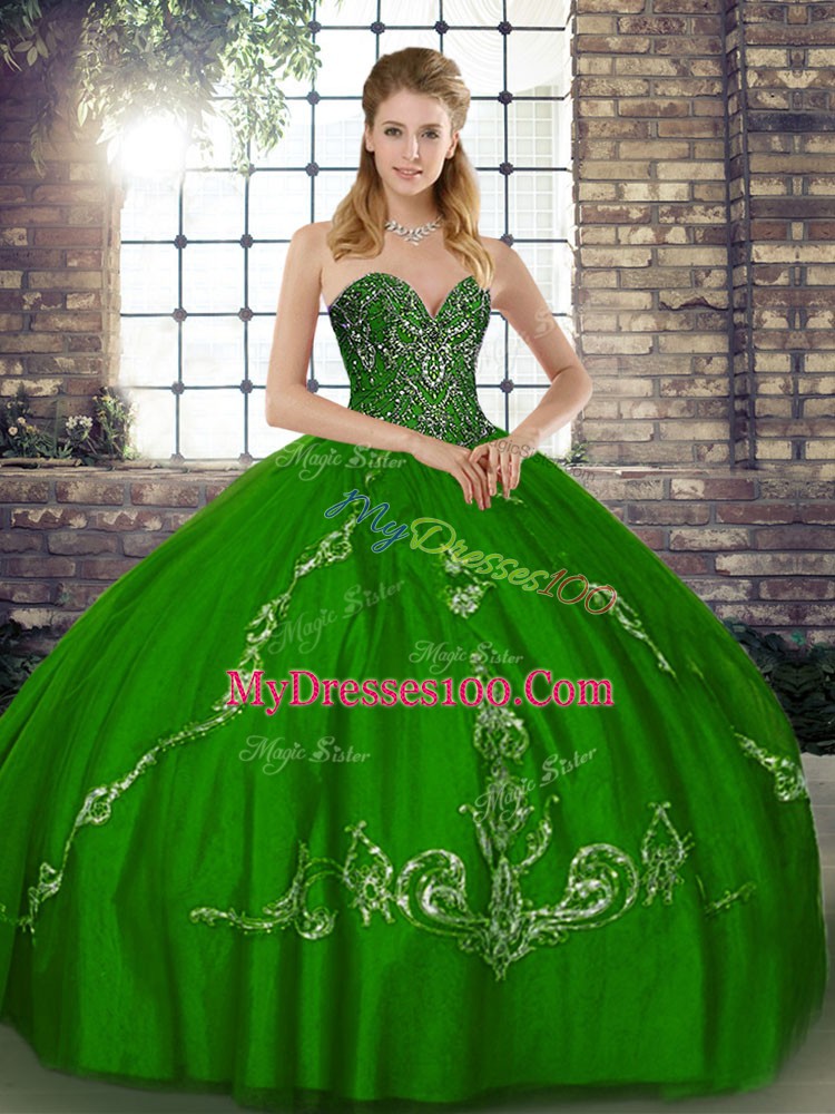 Sleeveless Floor Length Beading and Embroidery Lace Up Sweet 16 Quinceanera Dress with Green
