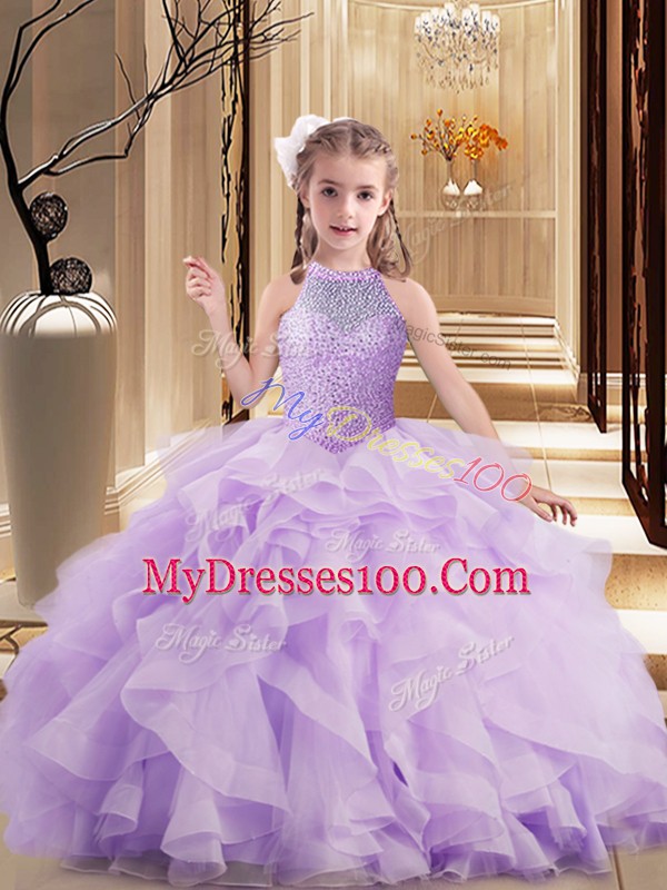 Floor Length Lace Up Pageant Dresses Lavender for Party and Sweet 16 and Wedding Party with Beading and Ruffles