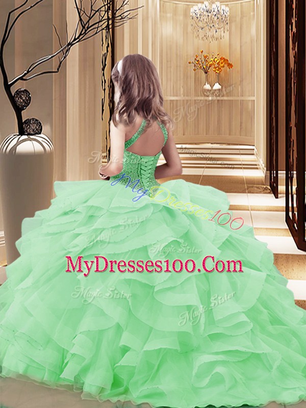 Floor Length Lace Up Pageant Dresses Lavender for Party and Sweet 16 and Wedding Party with Beading and Ruffles