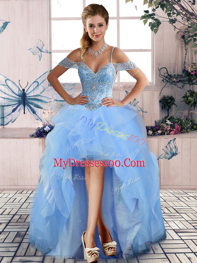 Nice Beading and Ruffles Prom Party Dress Light Blue Lace Up Sleeveless High Low