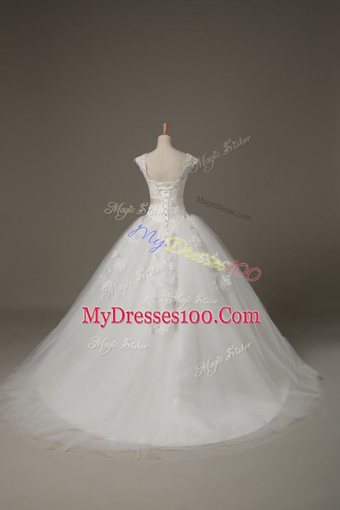 Deluxe White Wedding Gown V-neck Sleeveless Brush Train Lace Up